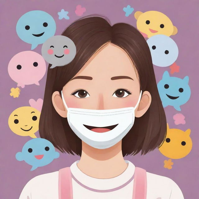 Create a 2D Kawaii cartoon illustration. A smiling girl with half of her face concealed by a larger mask displaying a more dramatic smile. Surrounding her are various symbols representing social expectations and others' hopes, such as puzzles, keys, and question marks.