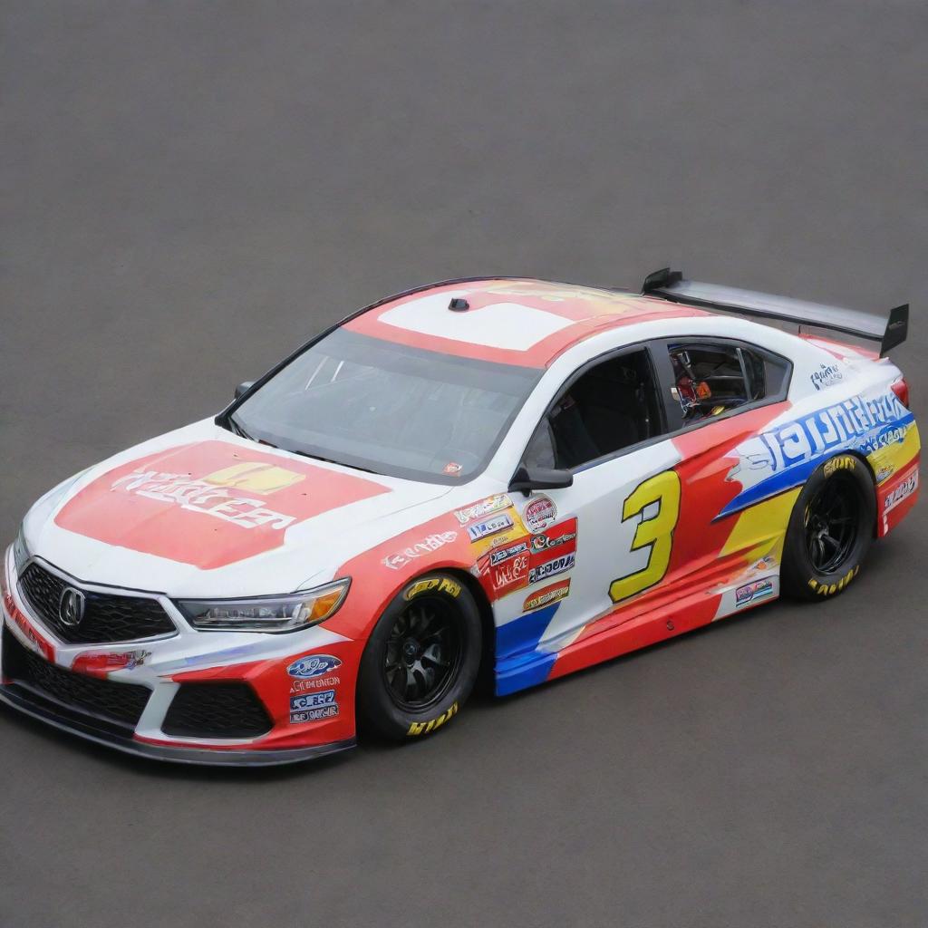 An Acura reimagined in NASCAR style, wrapped in vibrant colors, fitted with race specific modifications, and adorned with a variety of sponsor logos.