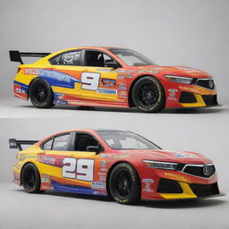 An Acura reimagined in NASCAR style, wrapped in vibrant colors, fitted with race specific modifications, and adorned with a variety of sponsor logos.