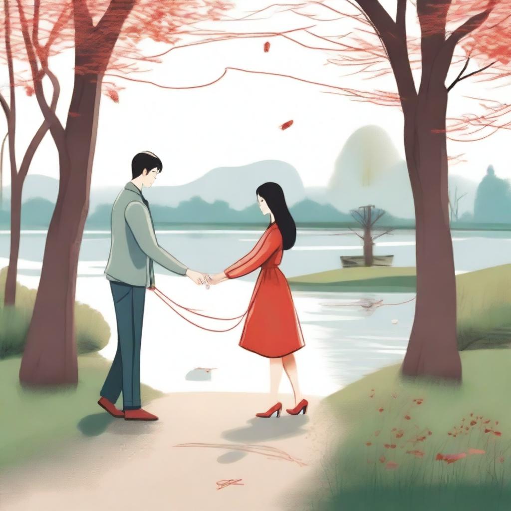 A woman with a red string attached to her hand, which leads her to a man