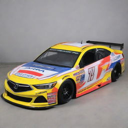 An Acura reimagined in NASCAR style, wrapped in vibrant colors, fitted with race specific modifications, and adorned with a variety of sponsor logos.