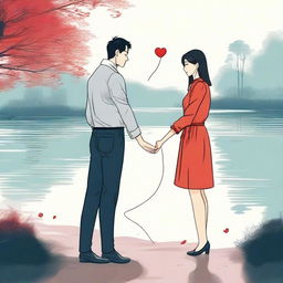 A woman with a red string attached to her hand, which leads her to a man