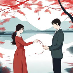 A woman with a red string attached to her hand, which leads her to a man