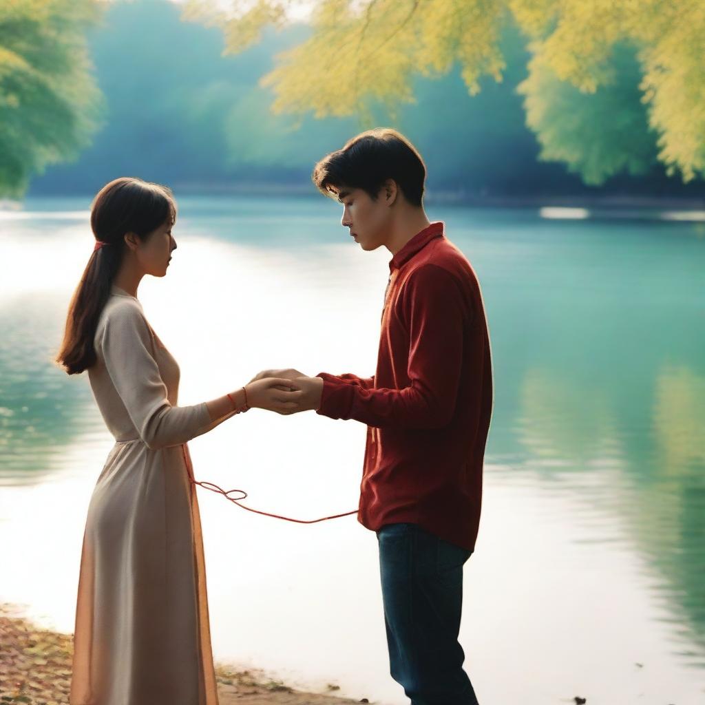 A woman with a red string attached to her hand, which leads her to a man who is far apart