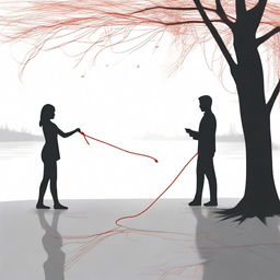 A woman with a red string attached to her hand, which leads her to a man who is far apart