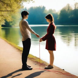 A woman with a red string attached to her hand, which leads her to a man who is far apart