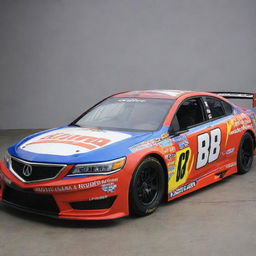 An Acura reimagined in NASCAR style, wrapped in vibrant colors, fitted with race specific modifications, and adorned with a variety of sponsor logos.