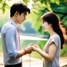 A woman with a red string attached to her hand, which leads her to a man who is far apart