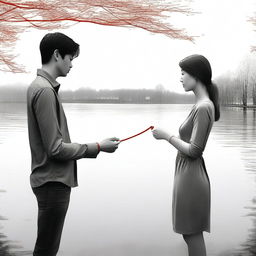 A woman with a red string attached to her hand, which leads her to a man who is far apart