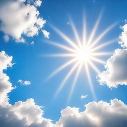 A bright and radiant sun shining in a clear blue sky with a few fluffy white clouds