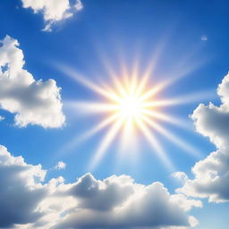A bright and radiant sun shining in a clear blue sky with a few fluffy white clouds