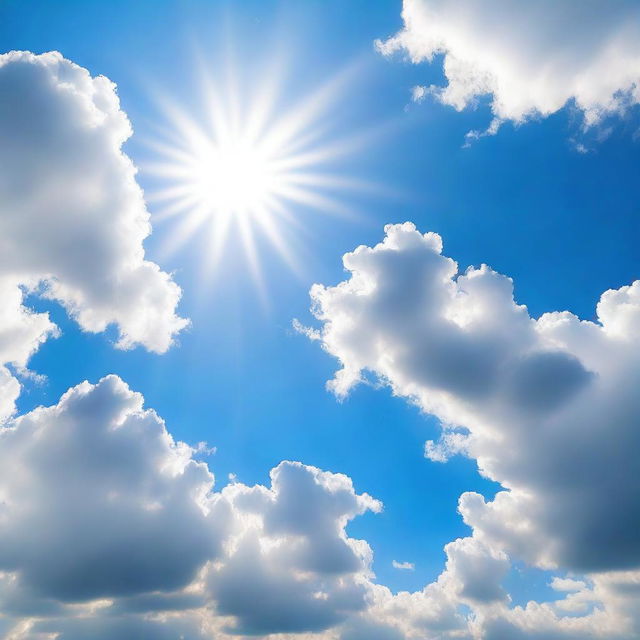 A bright and radiant sun shining in a clear blue sky with a few fluffy white clouds