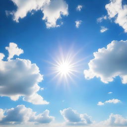 A bright and radiant sun shining in a clear blue sky with a few fluffy white clouds