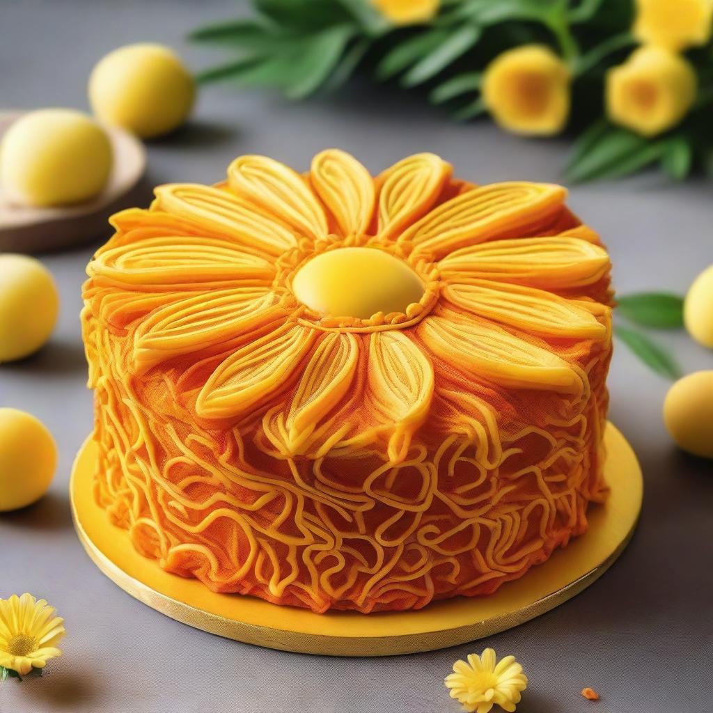 A beautifully decorated cake shaped like the sun, with bright yellow and orange frosting, and intricate details to resemble sun rays