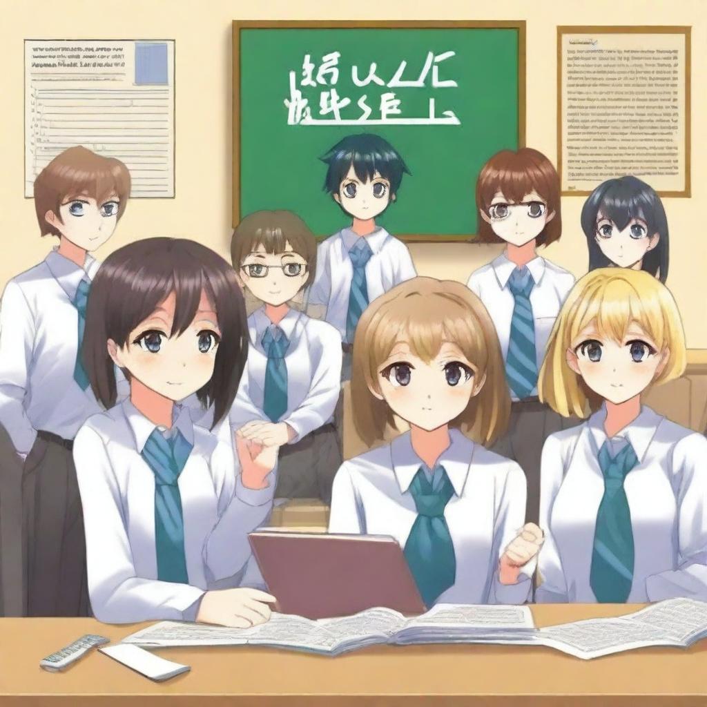 Create an anime-style book cover featuring six student council members, consisting of 2 boys and 4 girls