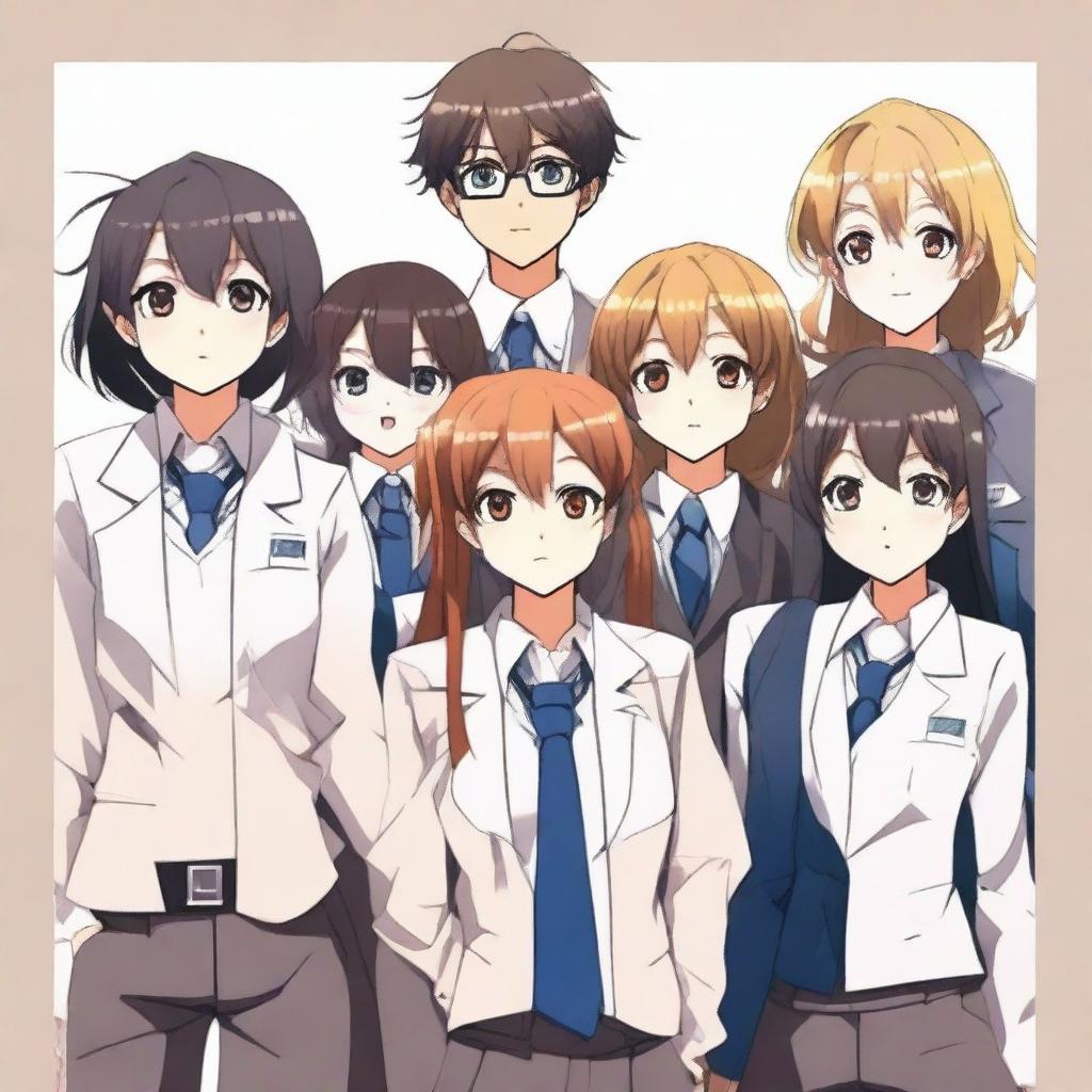 Create an anime-style image featuring six student council members, consisting of 2 boys and 4 girls