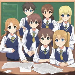 Create an anime-style image featuring six student council members, consisting of 2 boys and 4 girls