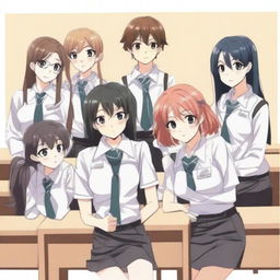 Create an anime-style image featuring six student council members, consisting of 2 boys and 4 girls