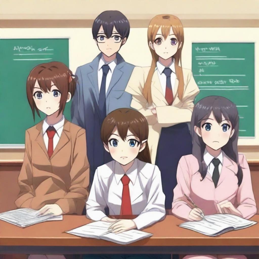 Create an anime-style image featuring six student council members, consisting of 2 boys and 4 girls