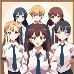 Create an anime-style image featuring six student council members, consisting of 2 boys and 4 girls