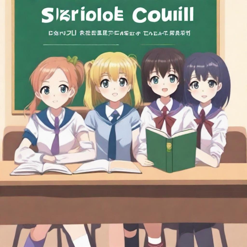 Create an anime-style book cover featuring six student council members, consisting of 2 boys and 4 girls