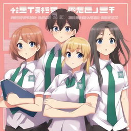 Create an anime-style book cover featuring six student council members, consisting of 2 boys and 4 girls