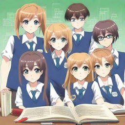 Create an anime-style book cover featuring six student council members, consisting of 2 boys and 4 girls