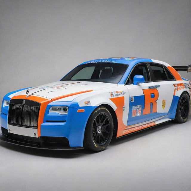 A Rolls-Royce reimagined as a NASCAR racing car, emphasized by vibrant colors, race-ready modifications, and covered with multiple sponsor logos.