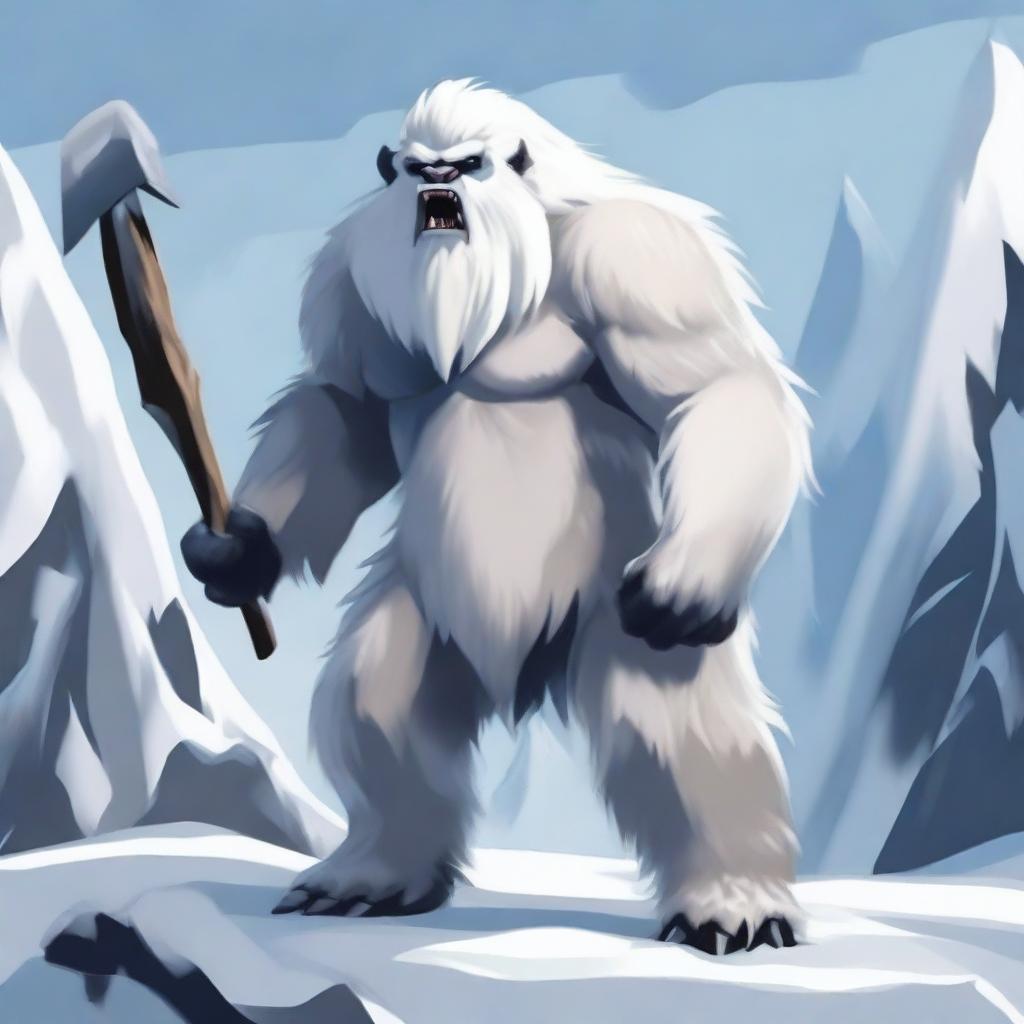 A fierce yeti wielding a large maul, standing in a snowy mountainous landscape