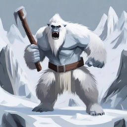A fierce yeti wielding a large maul, standing in a snowy mountainous landscape