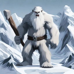 A fierce yeti wielding a large maul, standing in a snowy mountainous landscape