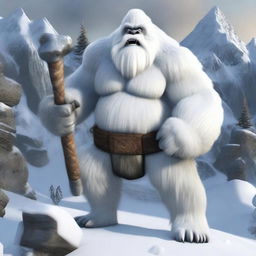 A highly realistic yeti holding a large sledge hammer, standing in a snowy and rugged mountainous environment