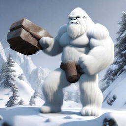 A highly realistic yeti holding a large sledge hammer, standing in a snowy and rugged mountainous environment
