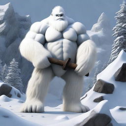 A highly realistic yeti holding a large sledge hammer, standing in a snowy and rugged mountainous environment