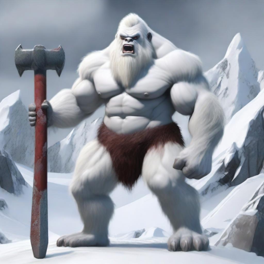A highly realistic yeti holding a large sledge hammer, standing in a snowy and rugged mountainous environment