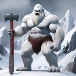 A highly realistic yeti holding a large sledge hammer, standing in a snowy and rugged mountainous environment