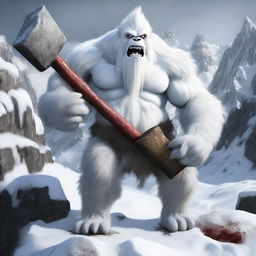 A highly realistic yeti holding a large sledge hammer, standing in a snowy and rugged mountainous environment