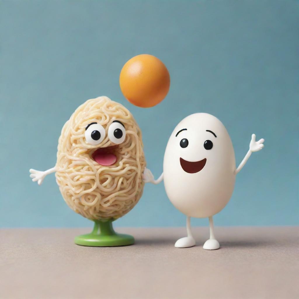 The scene of a noodle and egg anthropomorphized, smiling and holding hands in a whimsical, cartoon style.