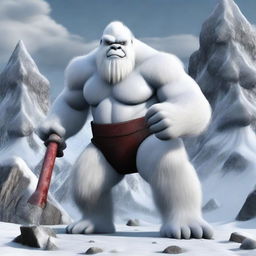 A highly realistic yeti holding a large sledge hammer, standing in a snowy and rugged mountainous environment