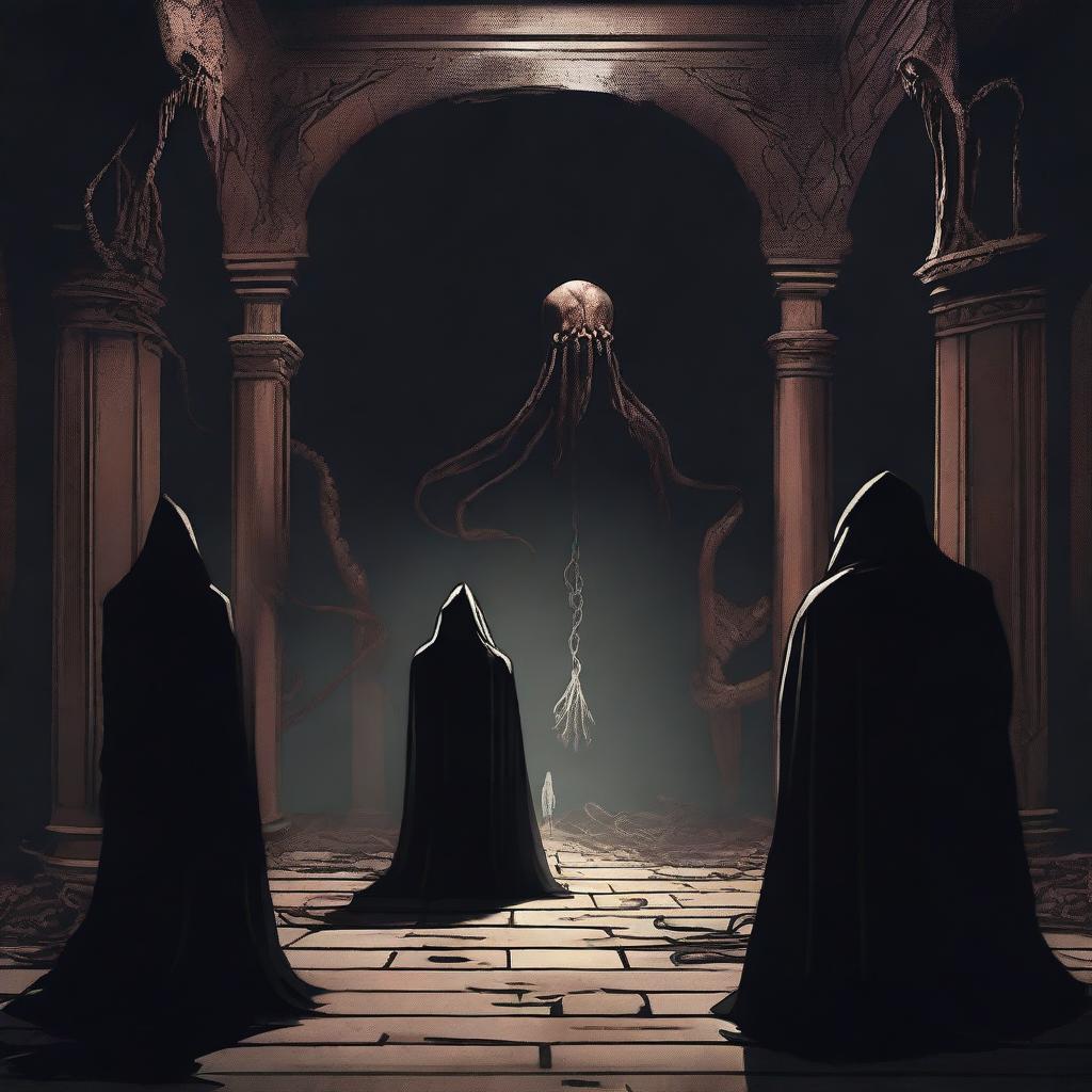 A dark hall with cultists standing before an ominous portal, tentacles stretching out towards them, and a massive pile of bodies in the corner