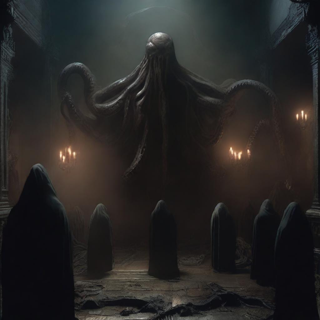 In a dimly lit hall, cultists stand transfixed before a sinister portal