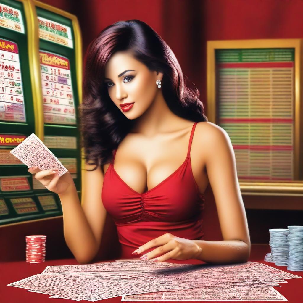 Create an image of a woman in red lingerie playing a lottery game