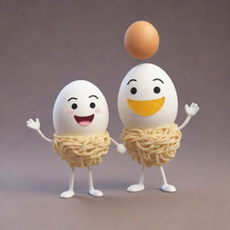 The scene of a noodle and egg anthropomorphized, smiling and holding hands in a whimsical, cartoon style.