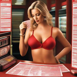 Create an image of a woman in red lingerie playing a lottery game