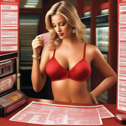 Create an image of a woman in red lingerie playing a lottery game