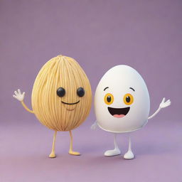 The scene of a noodle and egg anthropomorphized, smiling and holding hands in a whimsical, cartoon style.