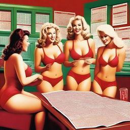 Create an image of multiple women in red lingerie playing a lottery game together