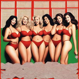 Create an image of multiple women in red lingerie playing a lottery game together