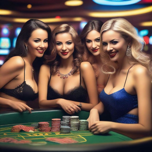 Create an image of multiple women in lingerie playing at a casino