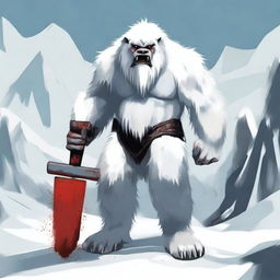 A fierce yeti standing in a snowy mountainous landscape, holding a bloody sledge hammer